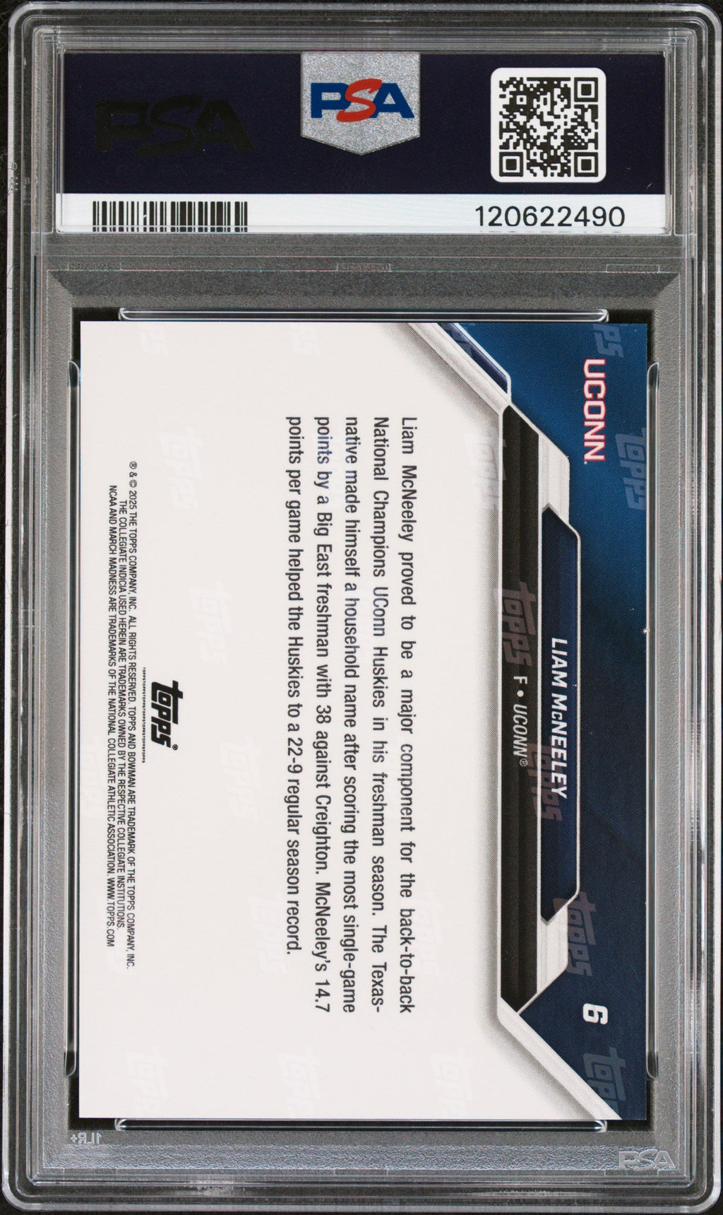 Graded 2025 Topps Bowman U Now Liam McNeeley #6 March Madness Black Rookie RC Basketball Card PSA 9 Mint