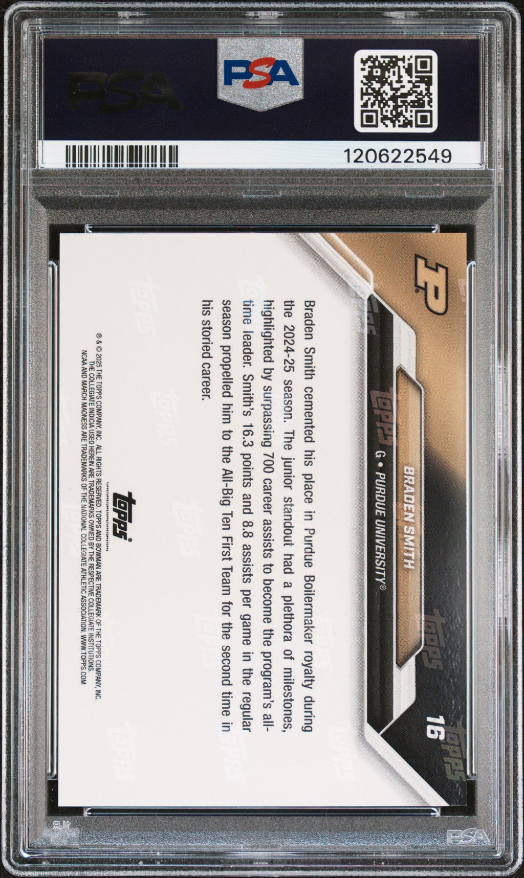 Graded 2025 Topps Bowman U Now Braden Smith #16 March Madness Black Rookie RC Basketball Card PSA 9 Mint
