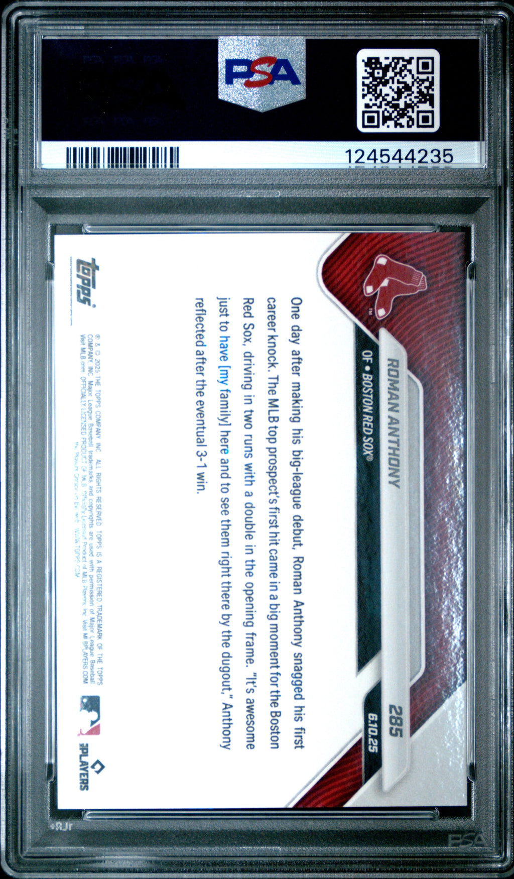 Graded 2025 Topps Now Roman Anthony #285 Rookie RC 1st Hit is 2 Run Double for MLB Number 1 Prospect Baseball Card PSA 10 Gem Mint