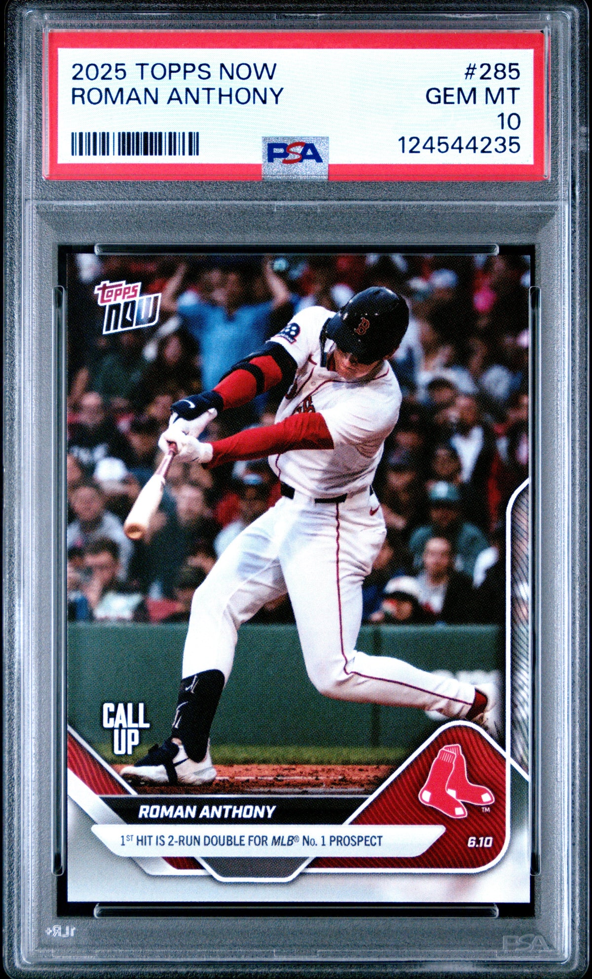 Graded 2025 Topps Now Roman Anthony #285 Rookie RC 1st Hit is 2 Run Double for MLB Number 1 Prospect Baseball Card PSA 10 Gem Mint