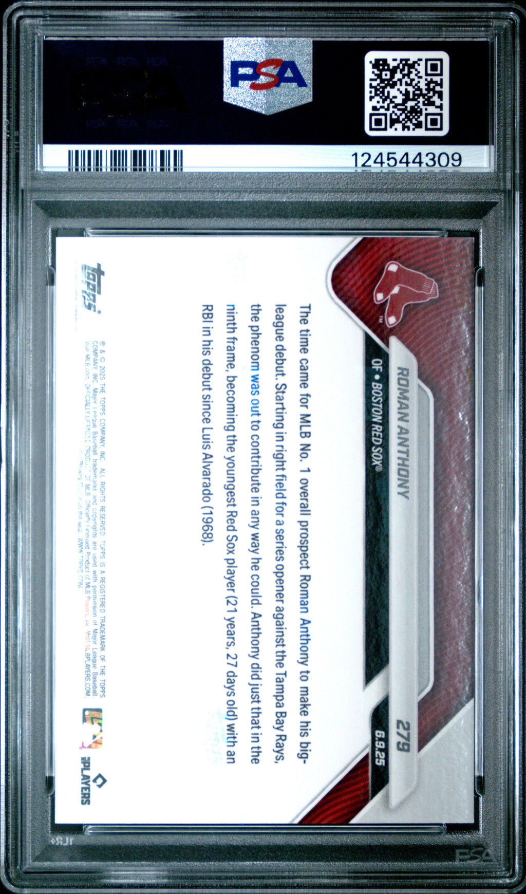 Graded 2025 Topps Now Roman Anthony #279 1st Career RBI in Debut for MLB Top Prospect Rookie RC Baseball Card PSA 10 Gem Mint