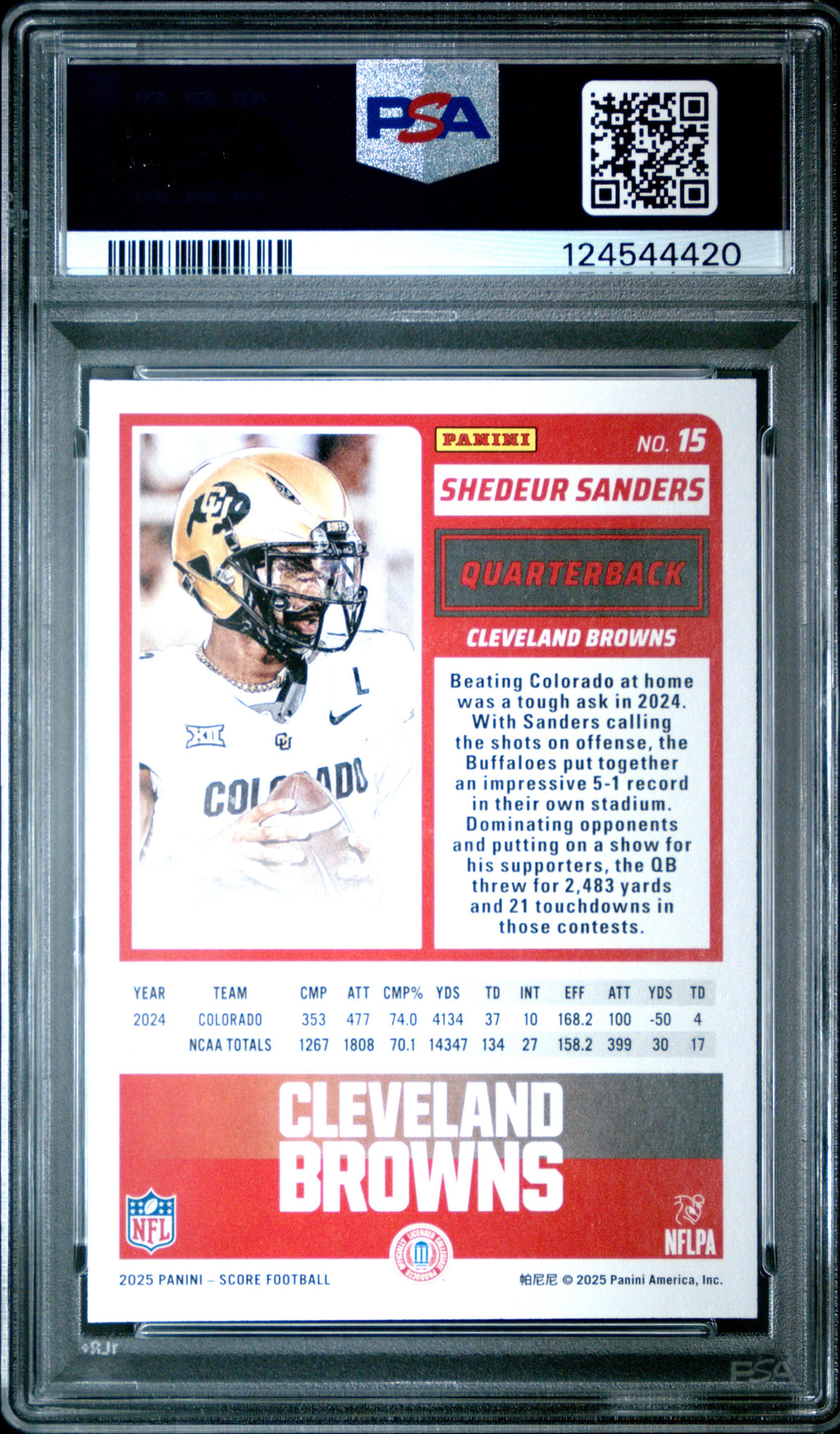 Graded 2025 Panini Score Shedeur Sanders #15 Rookie RC Football Card PSA 9 Mint