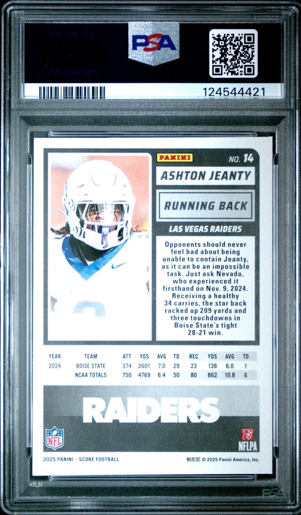 Graded 2025 Panini Score Ashton Jeanty #14 Rookie RC Football Card PSA 8 Near Mint