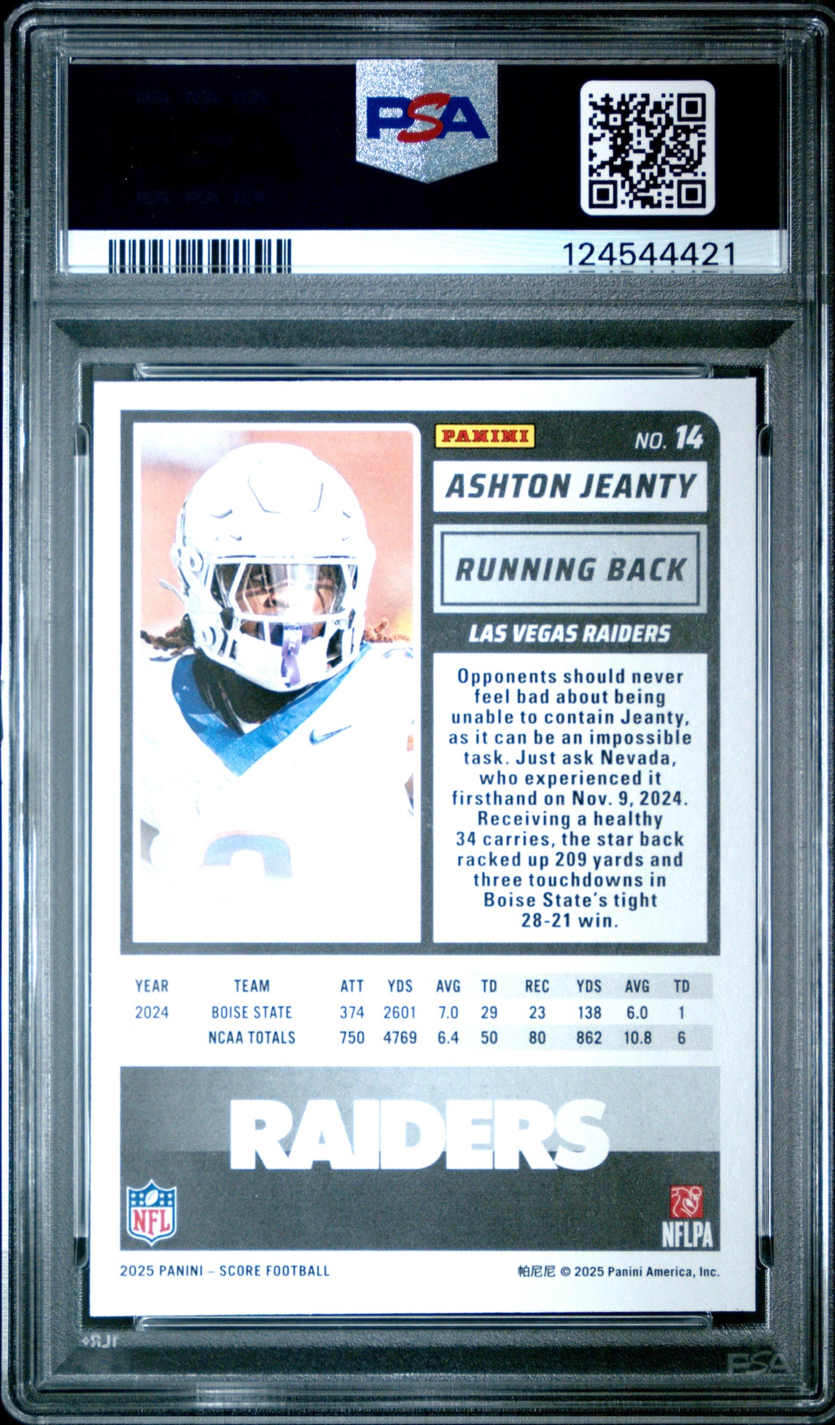 Graded 2025 Panini Score Ashton Jeanty #14 Rookie RC Football Card PSA 8 Near Mint