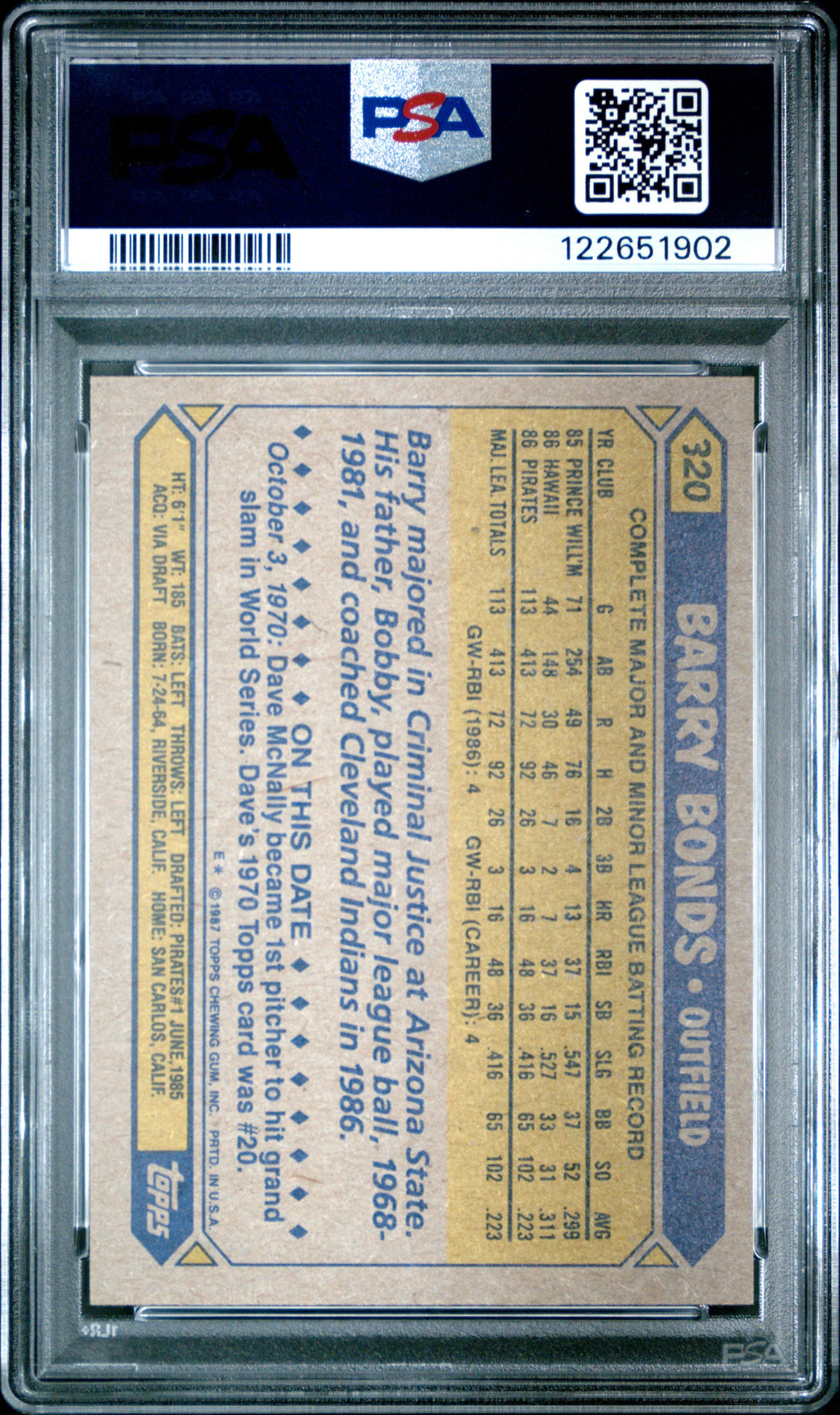 Graded 1987 Topps Barry Bonds #320 Rookie RC Baseball Card PSA 9 Mint