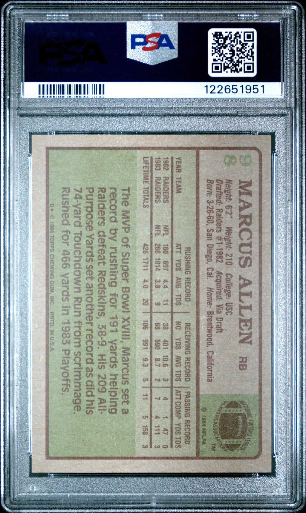 Graded 1984 Topps Marcus Allen #98 Football Card PSA 6 Excellent