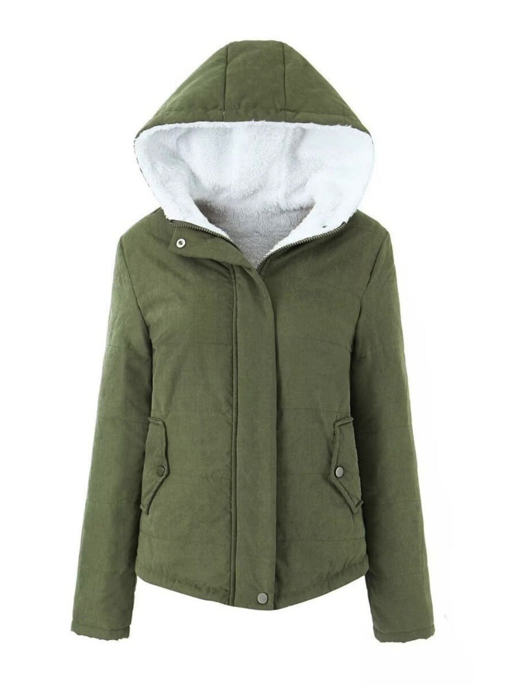 Womens Fleece-lined Hooded Loose-fit Cotton Coat Plus Size