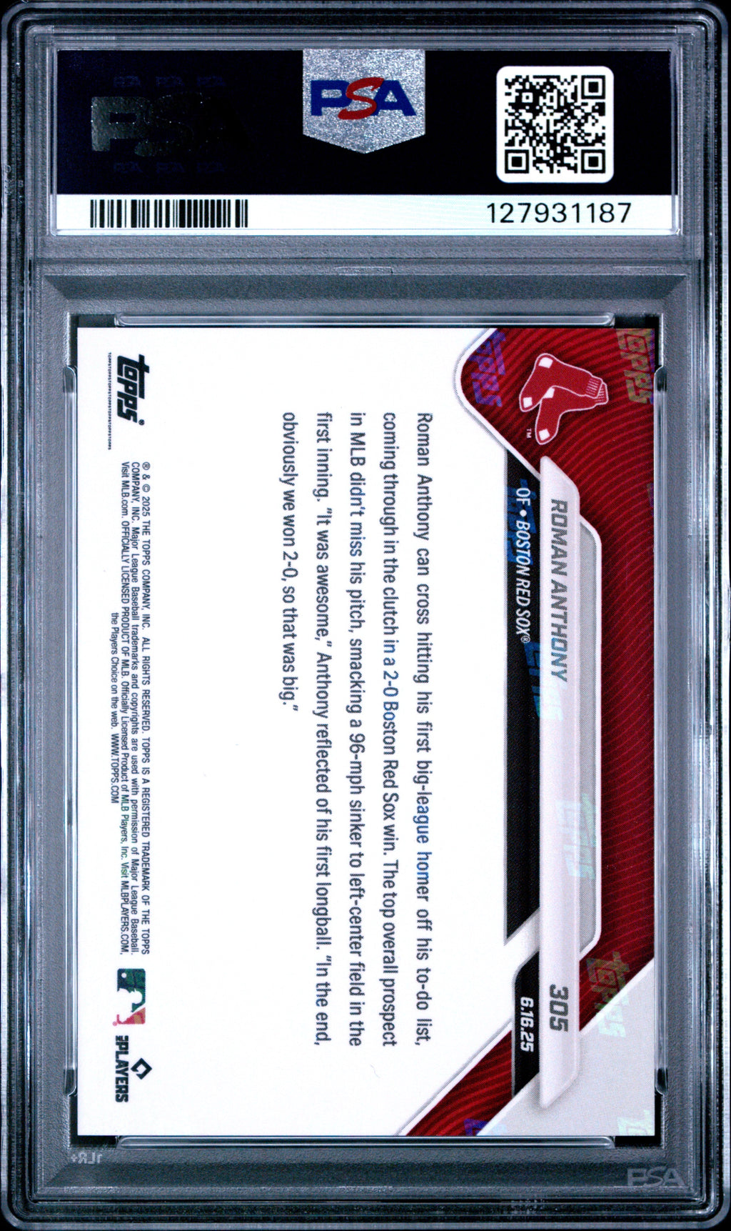Graded 2025 Topps Now Roman Anthony #305 Rookie RC Baseball Card PSA 9 Mint