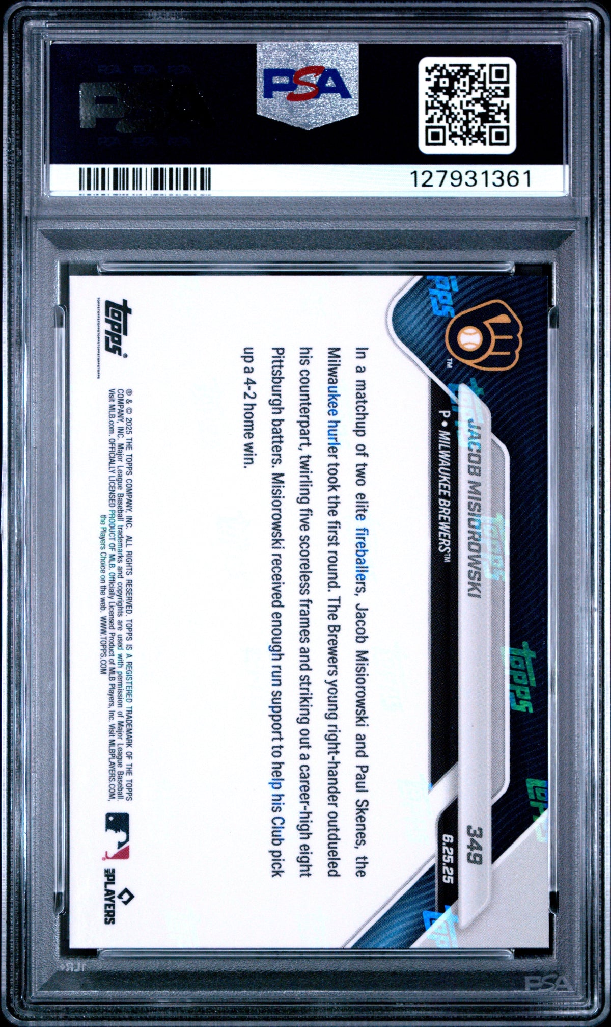 Graded 2025 Topps Now Jacob Misiorowski #349 Outduels Skenes with Career High 8Ks in Win Rookie RC Baseball Card PSA 10 Gem Mint