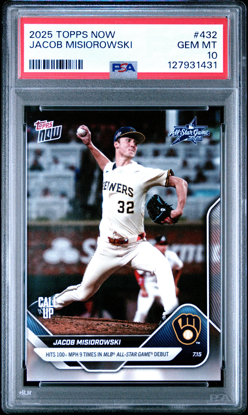 Graded 2025 Topps Now Jacob Misiorowski #432 Hits 100+MPH 9 Times in MLB All Star Game Debut Rookie RC Baseball Card PSA 10 Gem Mint
