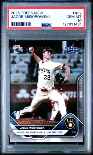 Graded 2025 Topps Now Jacob Misiorowski #432 Hits 100+MPH 9 Times in MLB All Star Game Debut Rookie RC Baseball Card PSA 10 Gem Mint