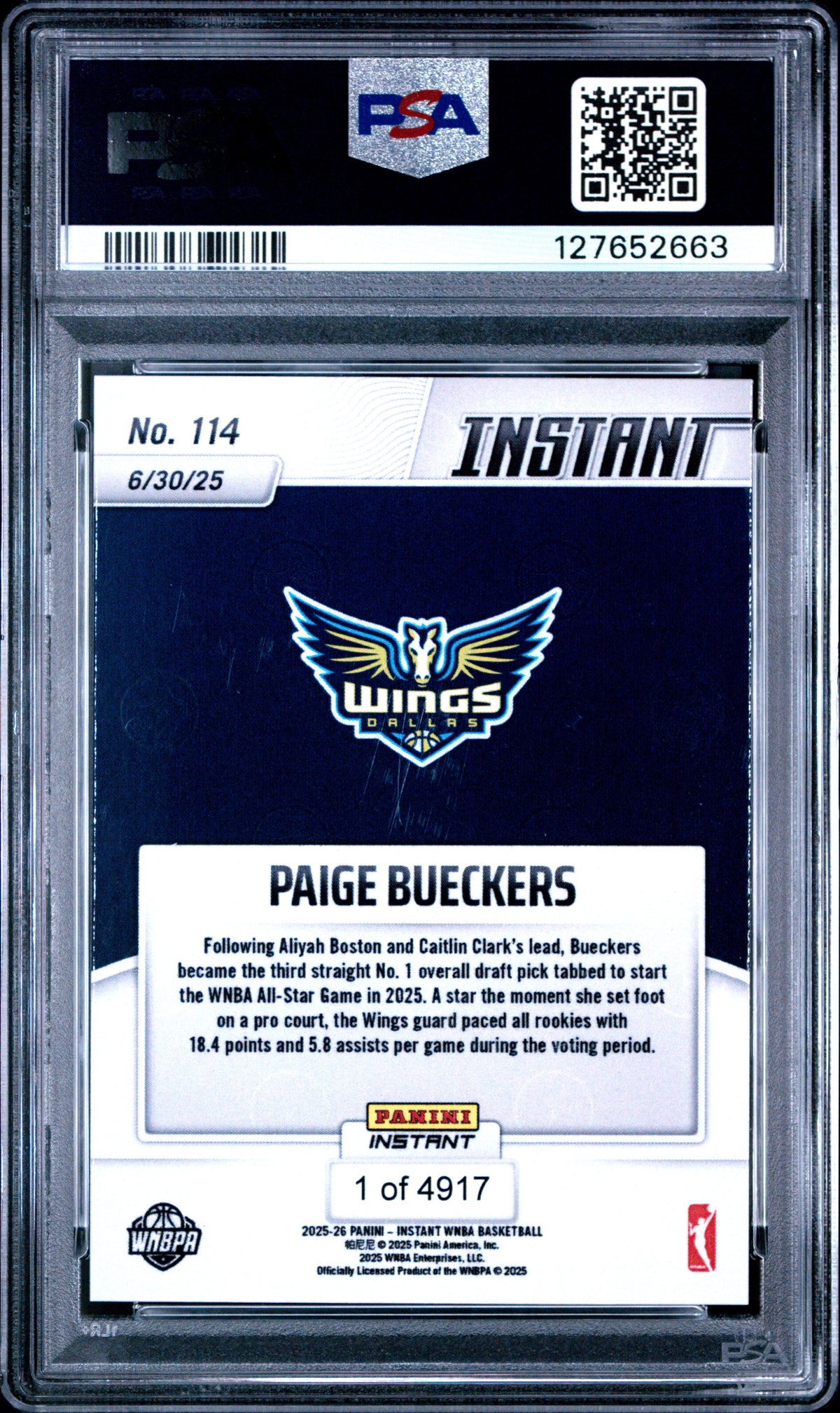 Graded 2025 Panini Instant WNBA Paige Bueckers #114 Rookie RC Basketball Card PSA 10 Gem Mint