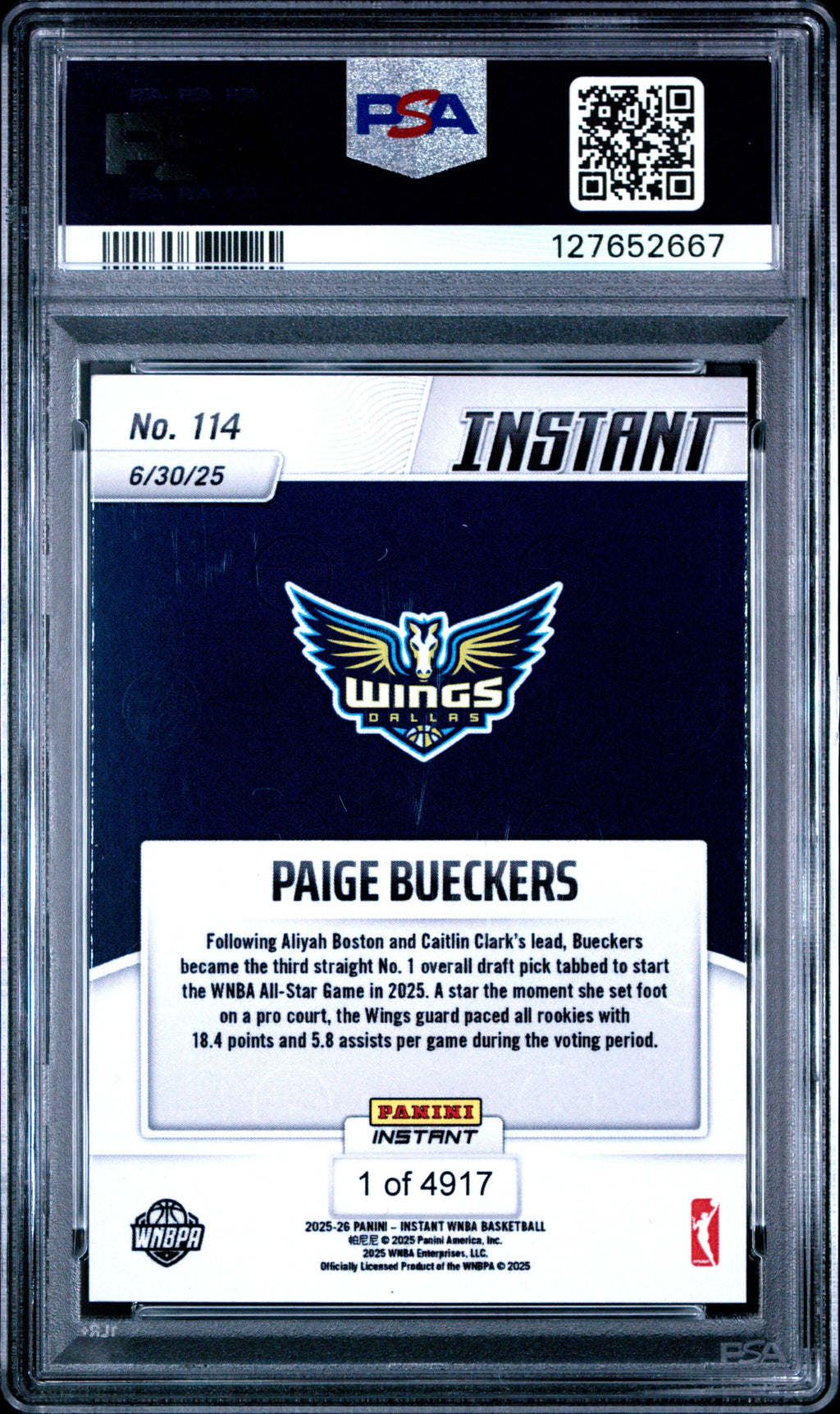 Graded 2025 Panini Instant WNBA Paige Bueckers #114 Rookie RC Basketball Card PSA 9 Mint