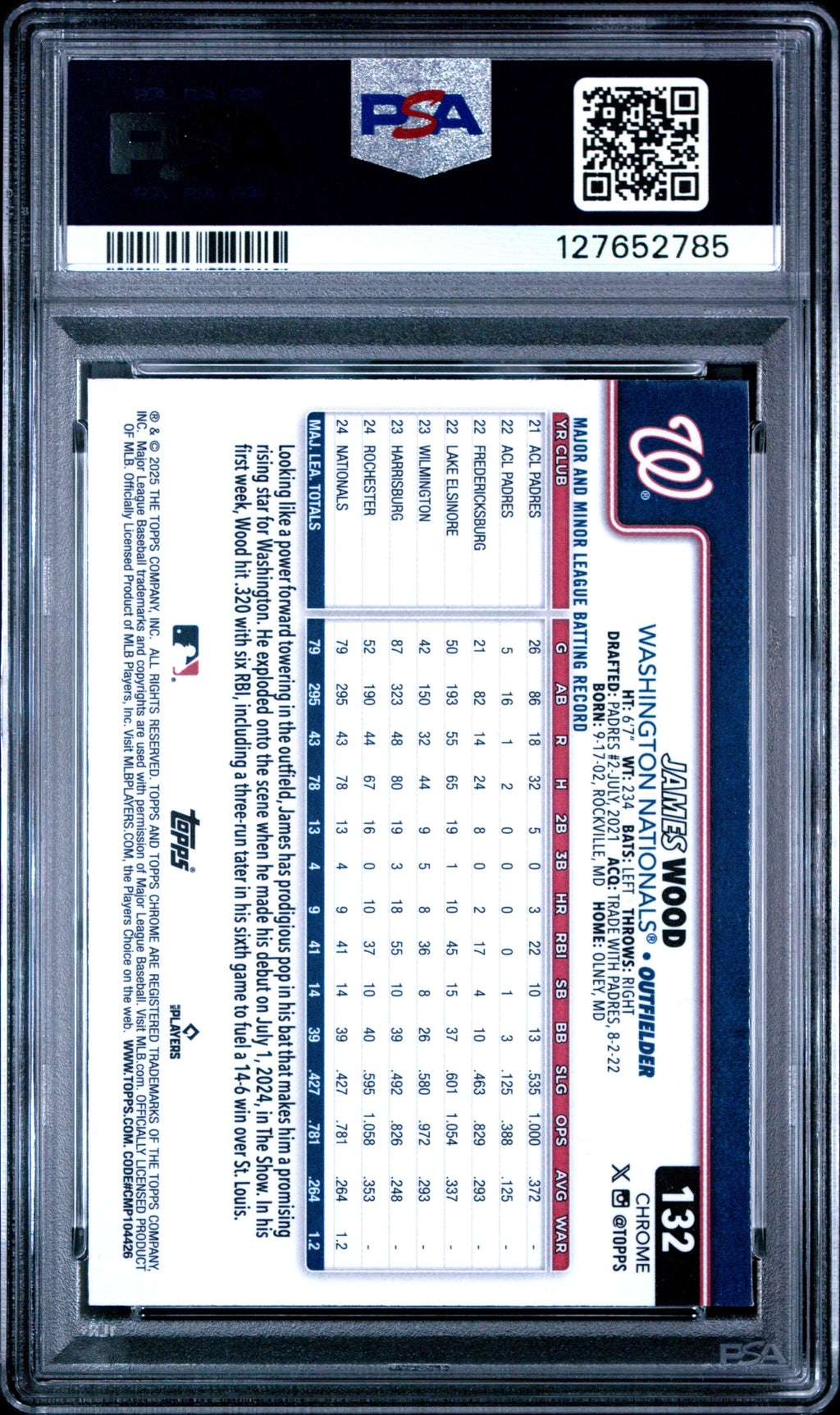 Graded 2025 Topps Chrome James Wood #132 Rookie RC Baseball Card PSA 9 Mint