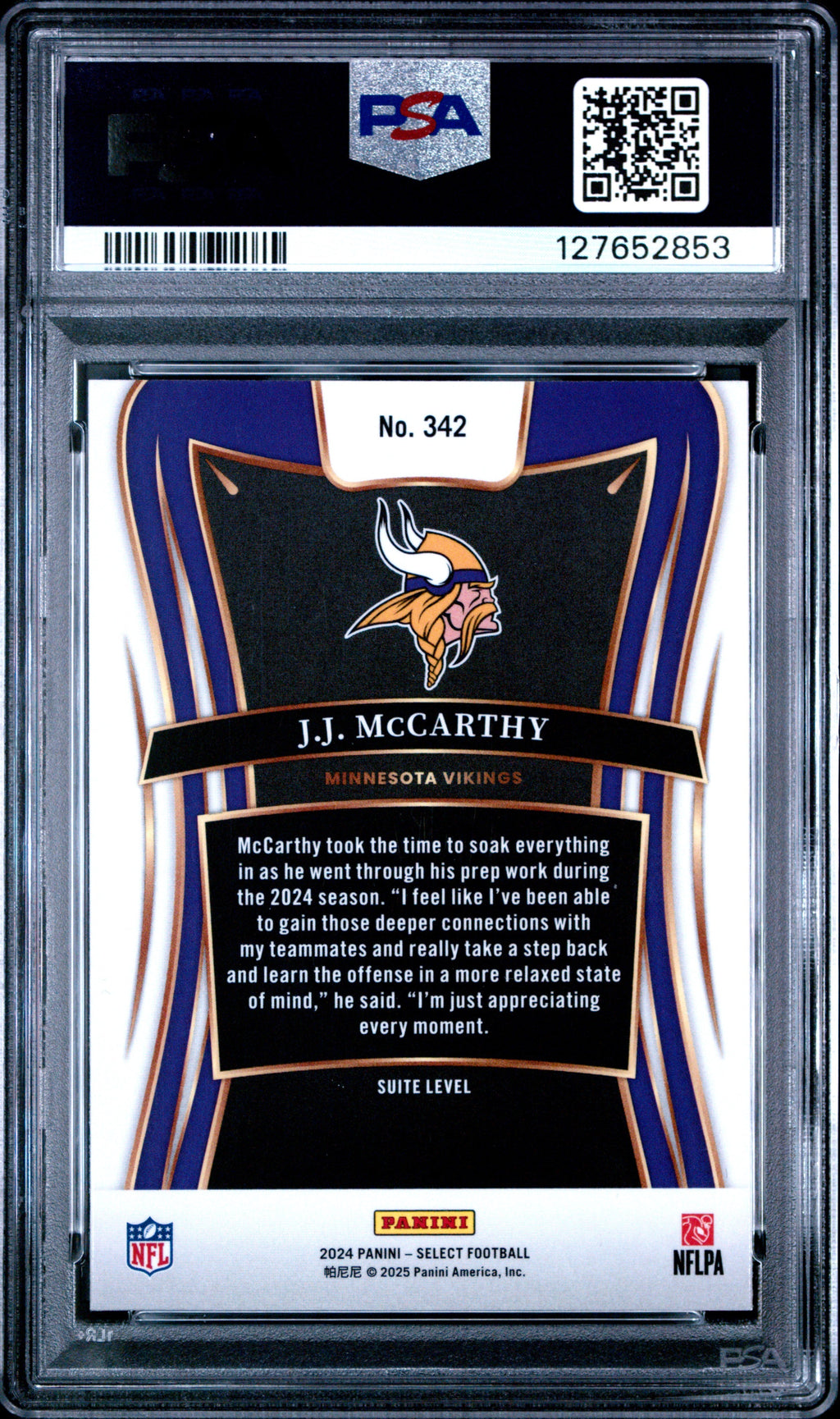Graded 2024 Panini Select JJ McCarthy #342 Rookie RC Football Card PSA 9 Mint