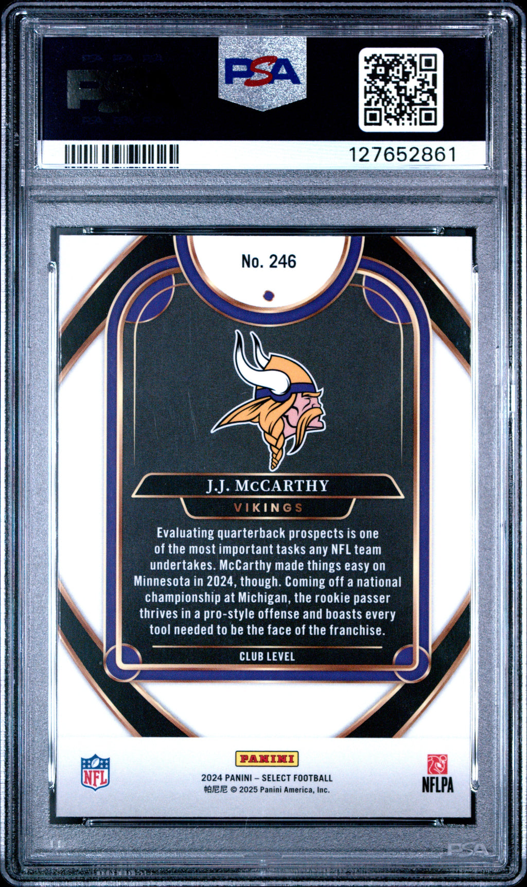 Graded 2024 Panini Select JJ McCarthy #246 Rookie RC Football Card PSA 9 Mint