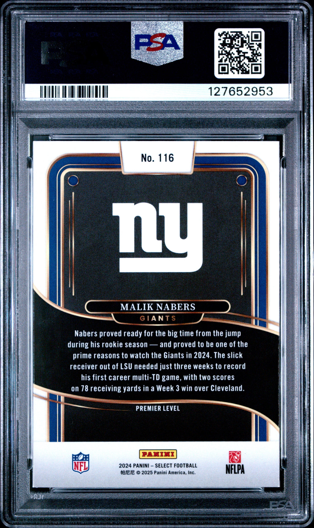 Graded 2024 Panini Select Malik Nabers #116 Rookie RC Football Card PSA 8 Near Mint
