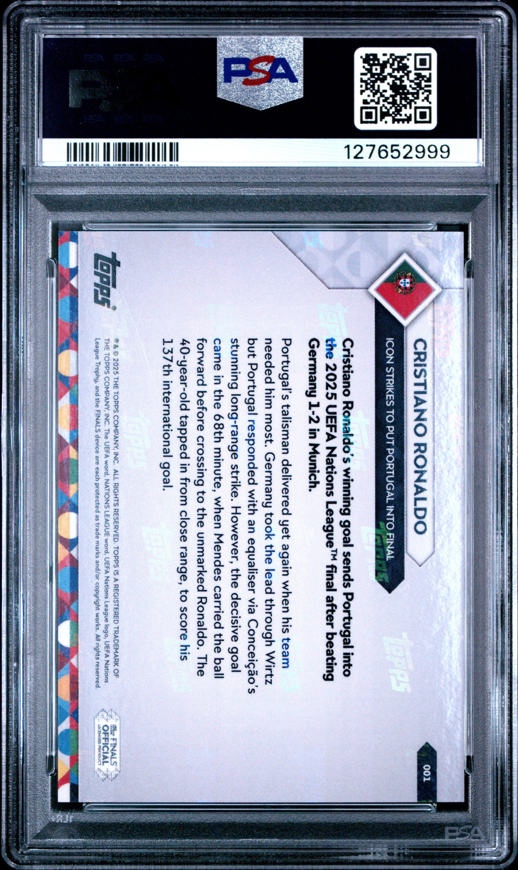 Graded 2025 Topps Now UEFA Nations League Cristiano Ronaldo #1 Soccer Card PSA 10 Gem Mint