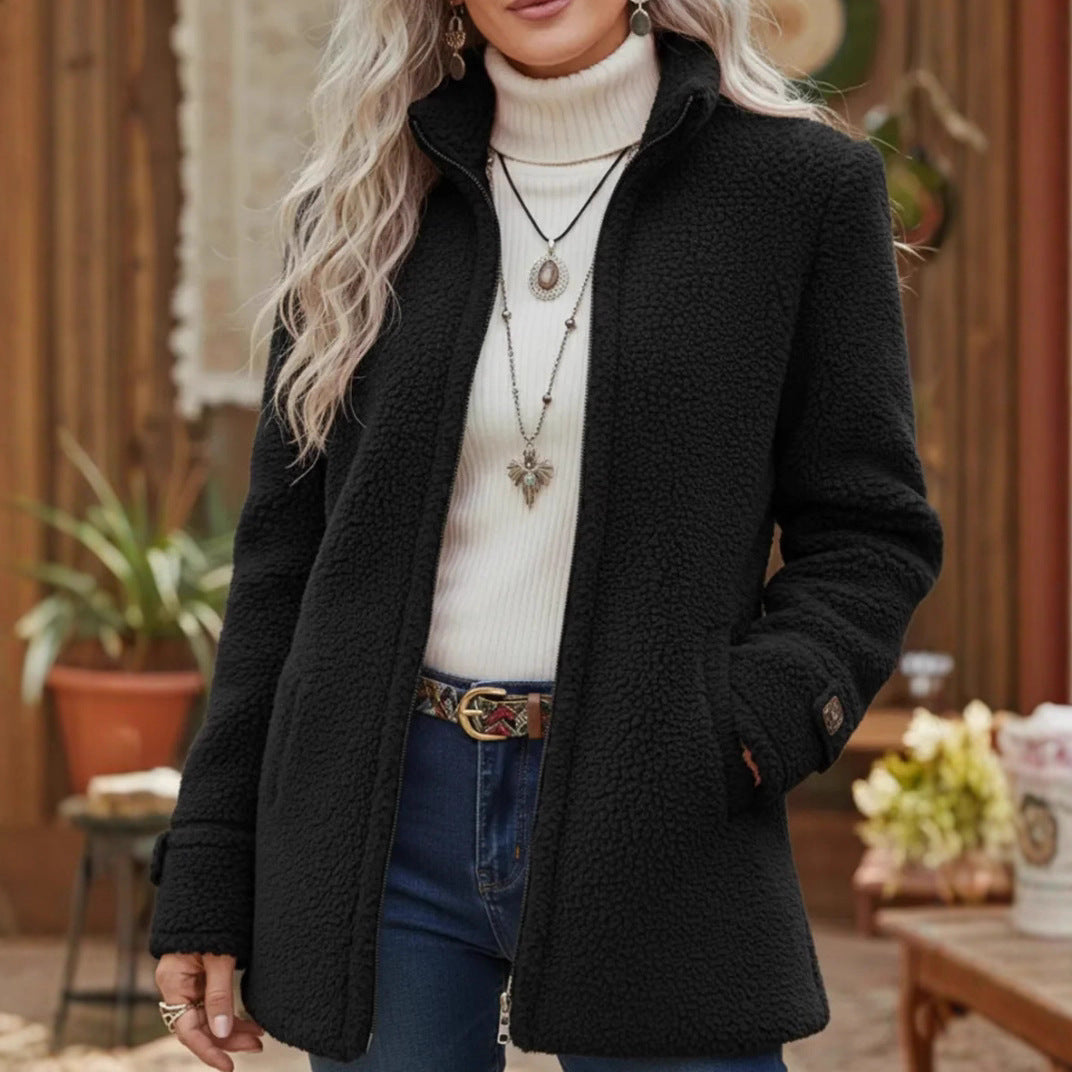 Fleece Zip-Up Jacket Women's Stand Collar Solid Color Loose Fit Casual Long Sleeve Outerwear Clothing
