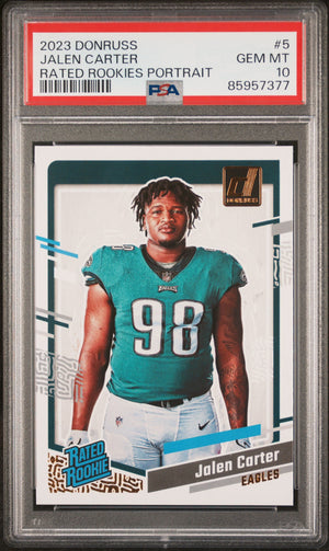 Graded 2023 Panini Donruss Jalen Carter #5 Rated Rookies Portrait Rookie RC Football Card PSA 10 Gem Mint