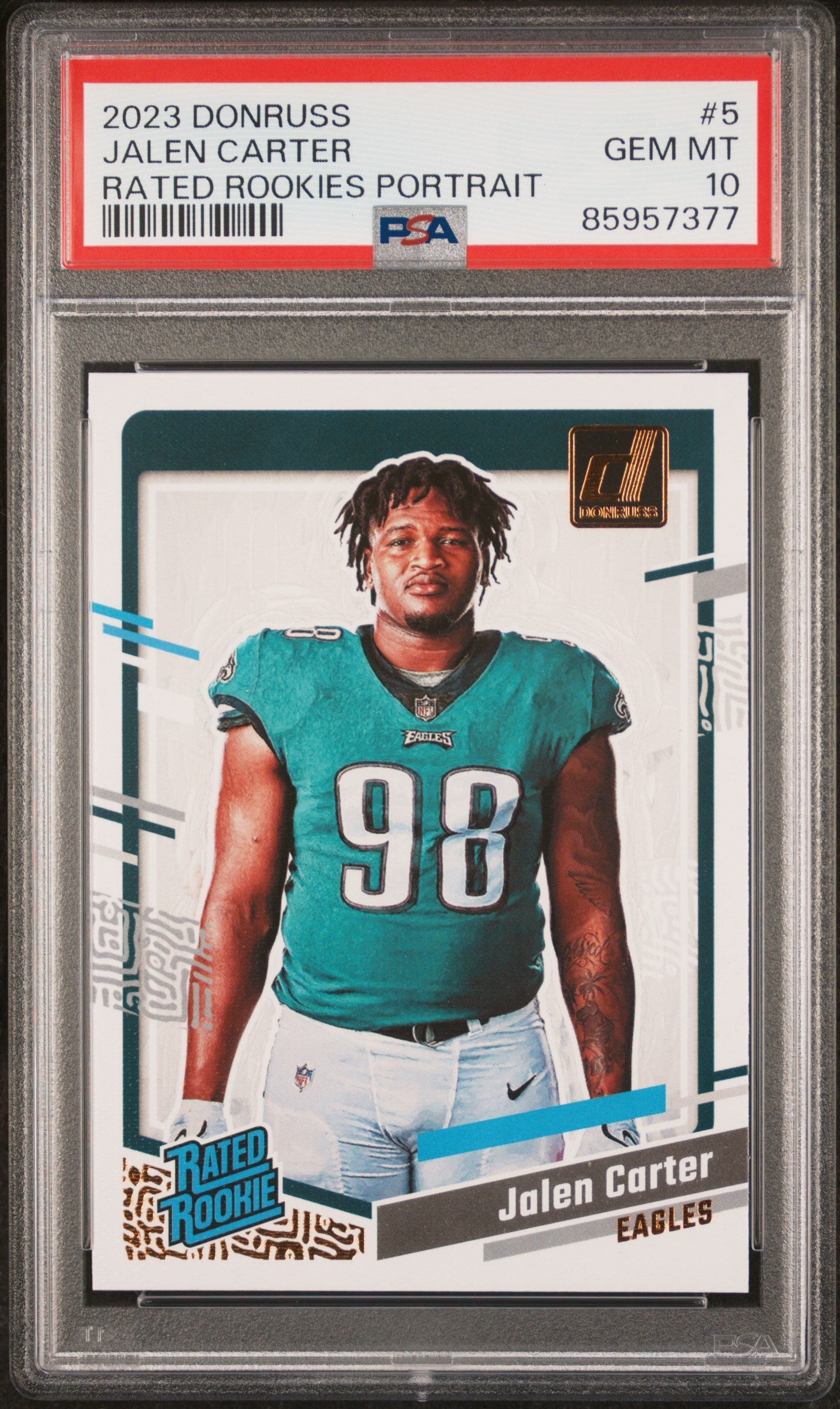 Graded 2023 Panini Donruss Jalen Carter #5 Rated Rookies Portrait Rookie RC Football Card PSA 10 Gem Mint