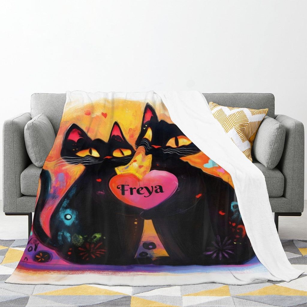 Personalized Black Cats Heart Blanket | Custom Name Gift