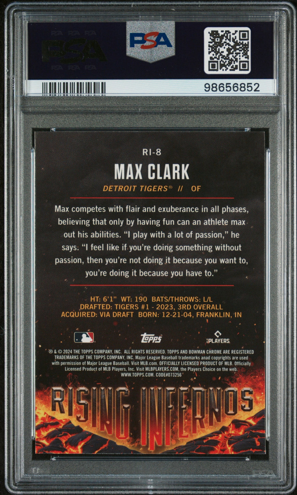 Graded 2024 Topps Bowman Max Clark #RI8 Rising Infernos Rookie RC Baseball Card PSA 10 Gem Mint