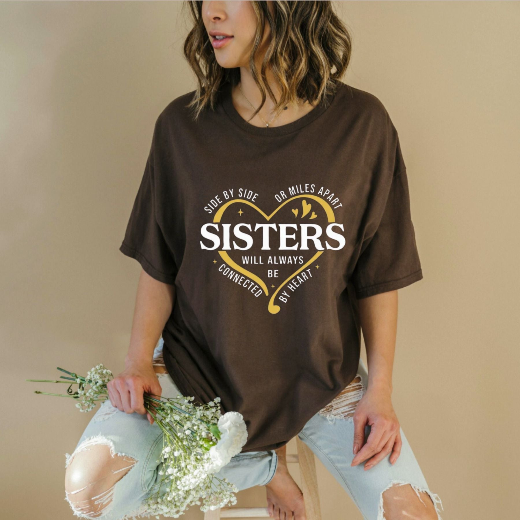 "Side By Side Or Miles Apart" Sisters T-Shirt – Long-Distance Sisterhood Graphic Tee