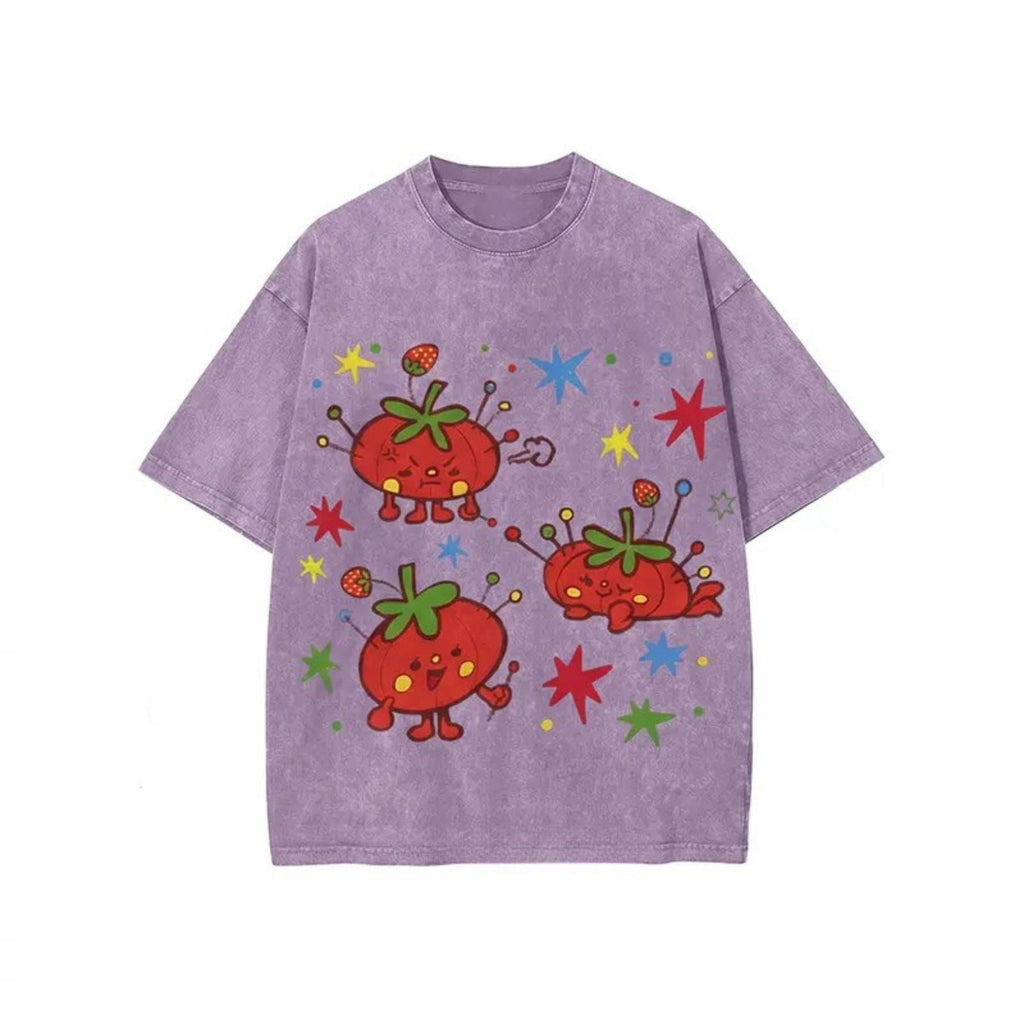 Cute Tomato Party Print T-Shirt – Retro Garden Vegetable Graphic Tee, Lightweight Vintage Washed Cotton Summer Top