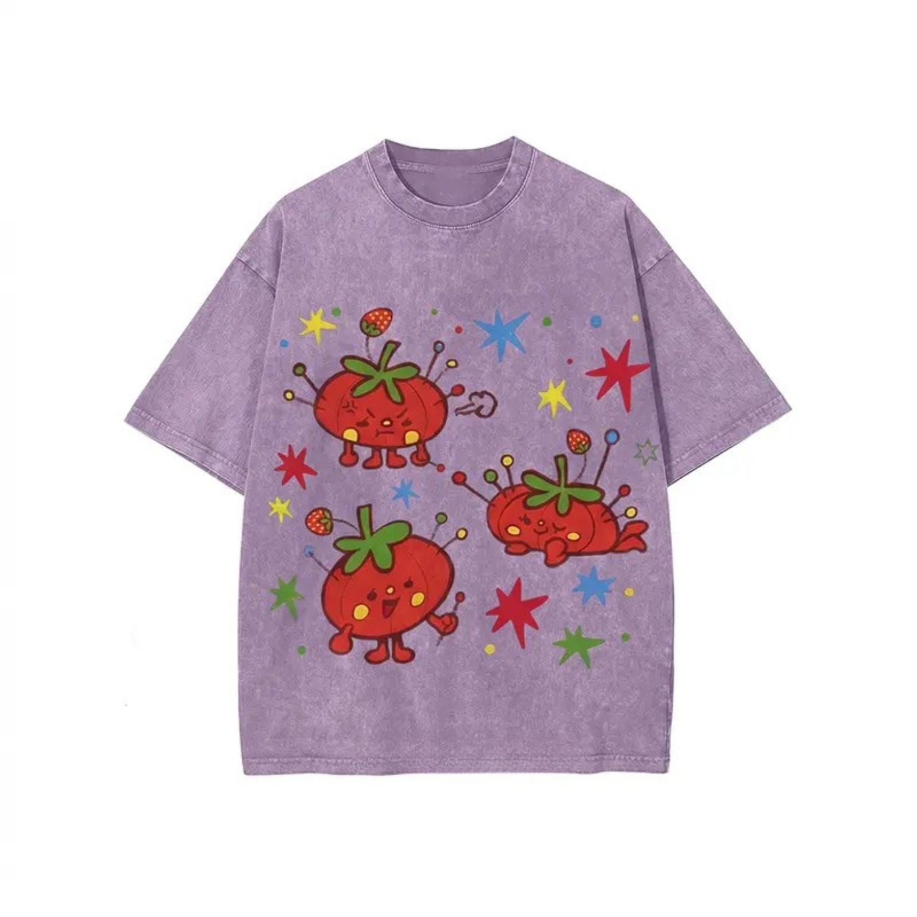Cute Tomato Party Print T-Shirt – Retro Garden Vegetable Graphic Tee, Lightweight Vintage Washed Cotton Summer Top