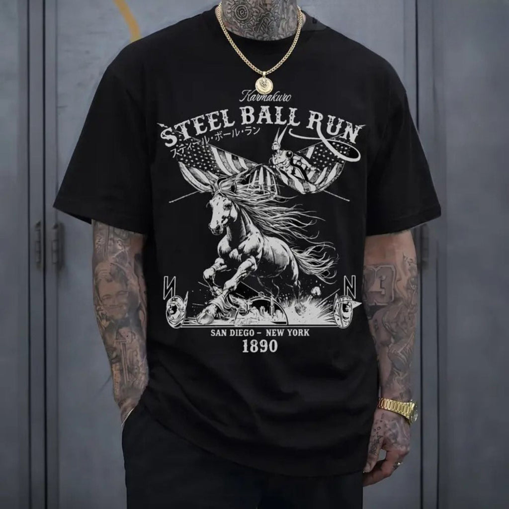 "Steel Ball Run" Horse Racing American Flag T-Shirt – Western Manga Graphic Tee, Premium 100% Cotton Cowboy Adventure Top, Made in USA