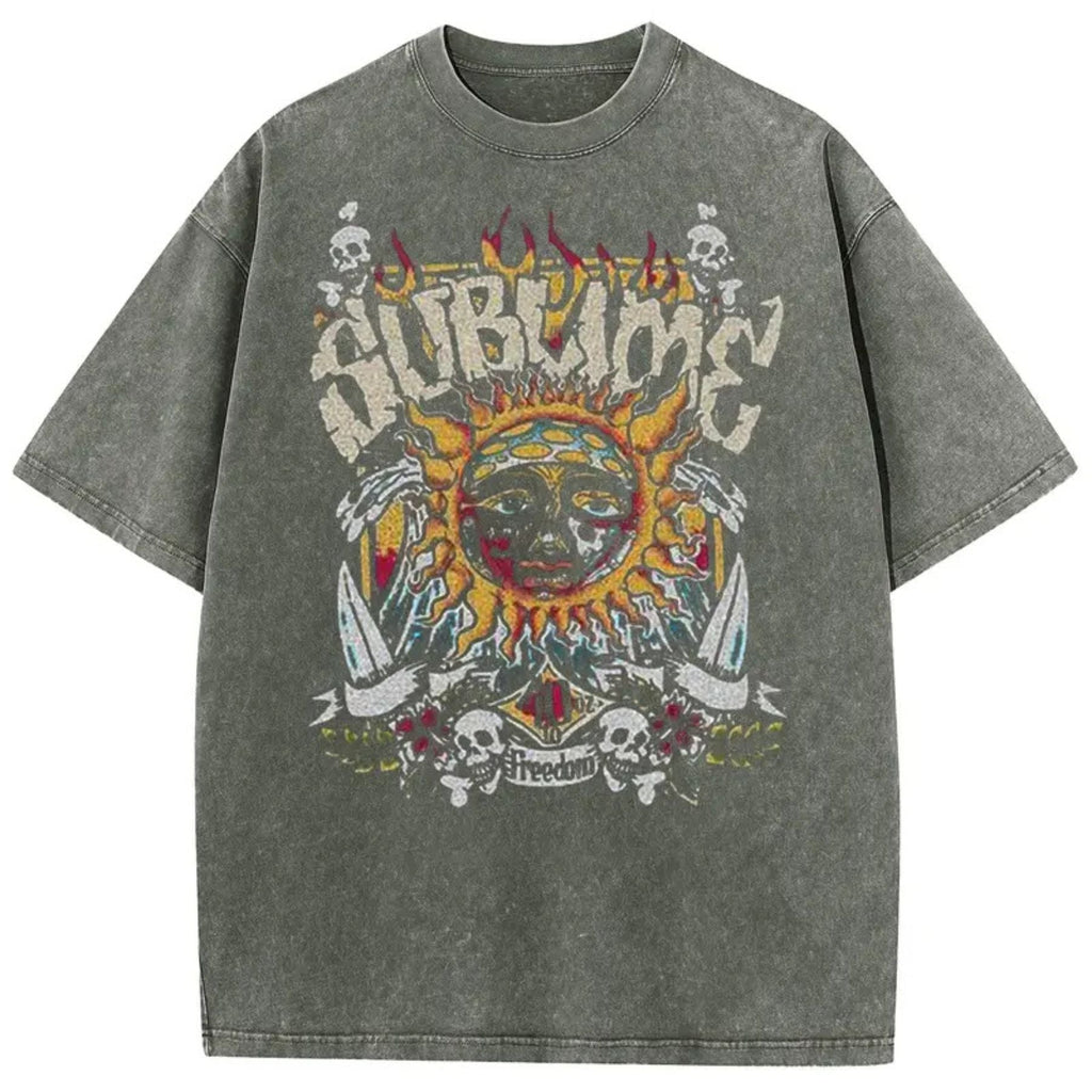 Sun Pattern Acid Washed T-Shirt – Oversized Unisex Vintage Graphic Tee