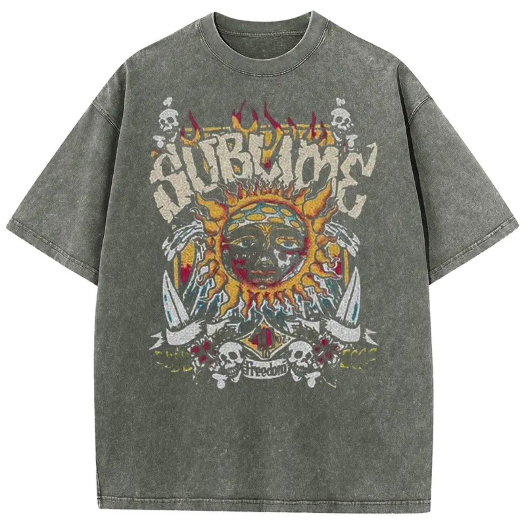 Sun Pattern Acid Washed T-Shirt – Oversized Unisex Vintage Graphic Tee