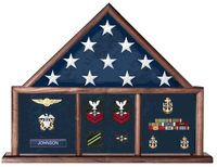 Flag and Medal Display Case, Shadow Box, Combination Flag/Medal - 3 Bay Mantle Military Shadow Box