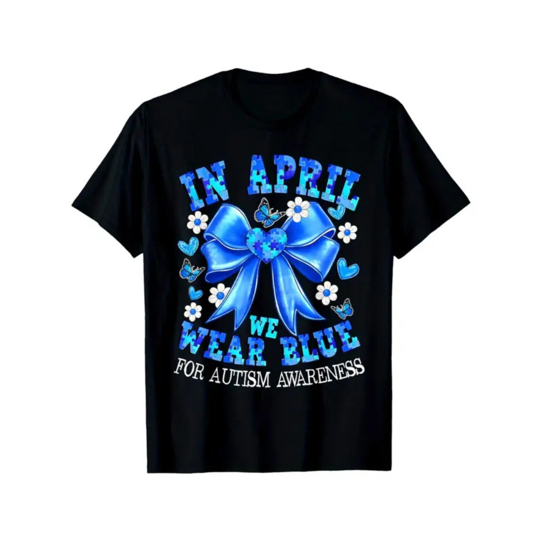 Sweet Coquette Bow Autism Awareness Tee – "In April We Wear Blue" Aesthetic Shirt