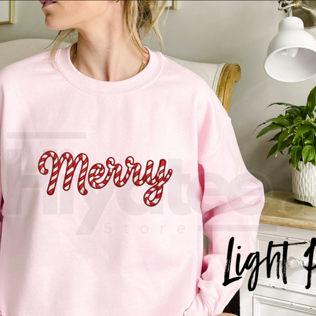 Embroidered Merry Christmas Sweatshirt, Candy Cane Holiday Graphic Pullover