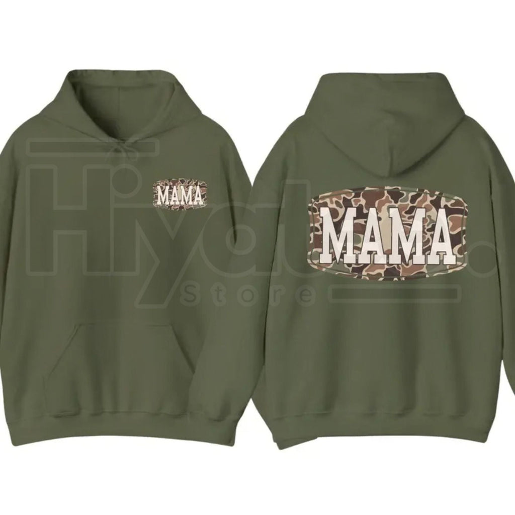 Camo Mama 2-Sided Hoodie – Trendy Camouflage Graphic Pullover, Cool Streetwear Mother’s Day Gift for Moms