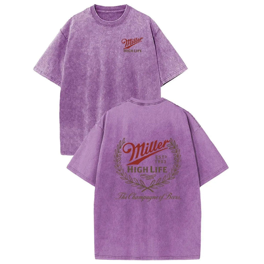Holafish Miller High Life Acid Wash T-Shirt – Champagne of Beers Double-Sided Graphic Tee, Retro Lightweight Cotton Streetwear