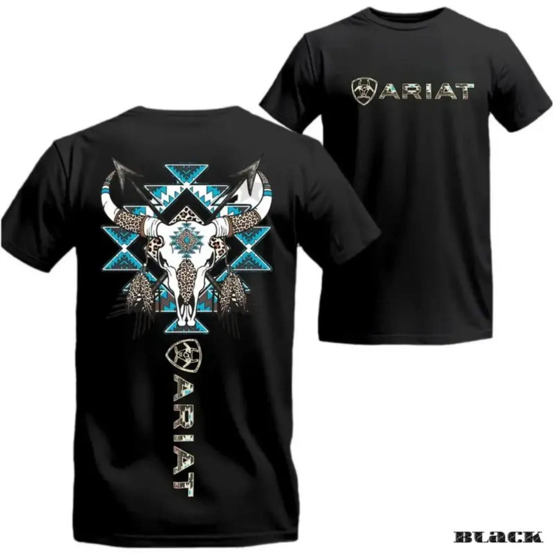 Western Tribal Skull T-Shirt – Bull Skull & Blue Aztec Graphic Tee, Unisex Cotton Shirt