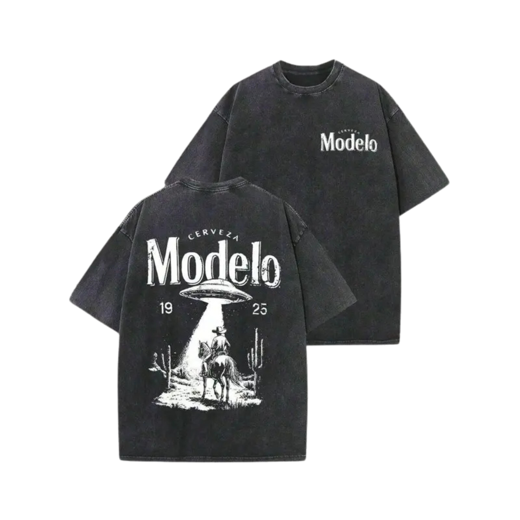 Modelo "Out Of This World" Western Tee – Retro UFO Cowboy Graphic Shirt