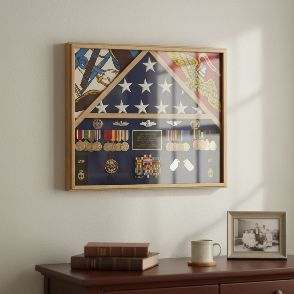 3 Flags Military Shadow Box, flag case for 3 flags - Fit 3" x 5" Flag.
