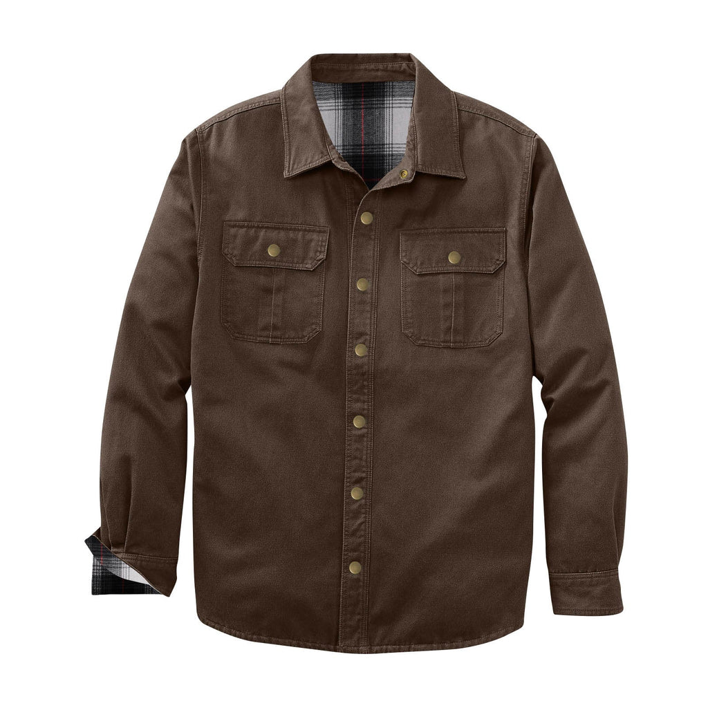 Washed Canvas Work Jacket With A Plaid Lining, Durable And Warm