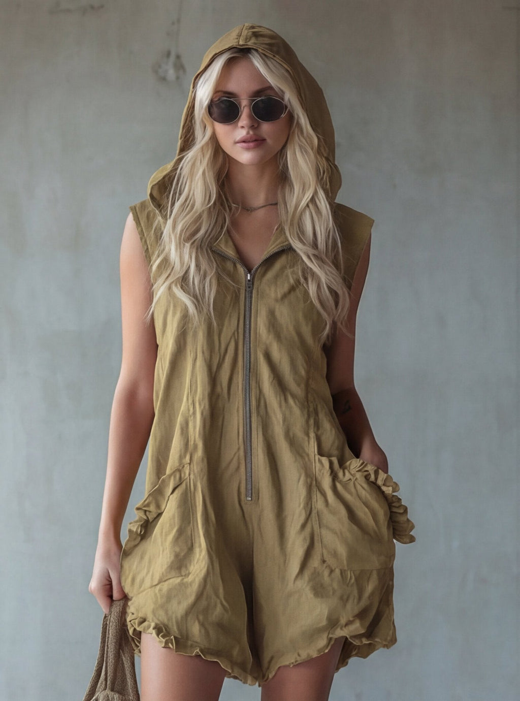 Vintage Style Hooded Zip-up Sleeveless Faux Linen Jumpsuit