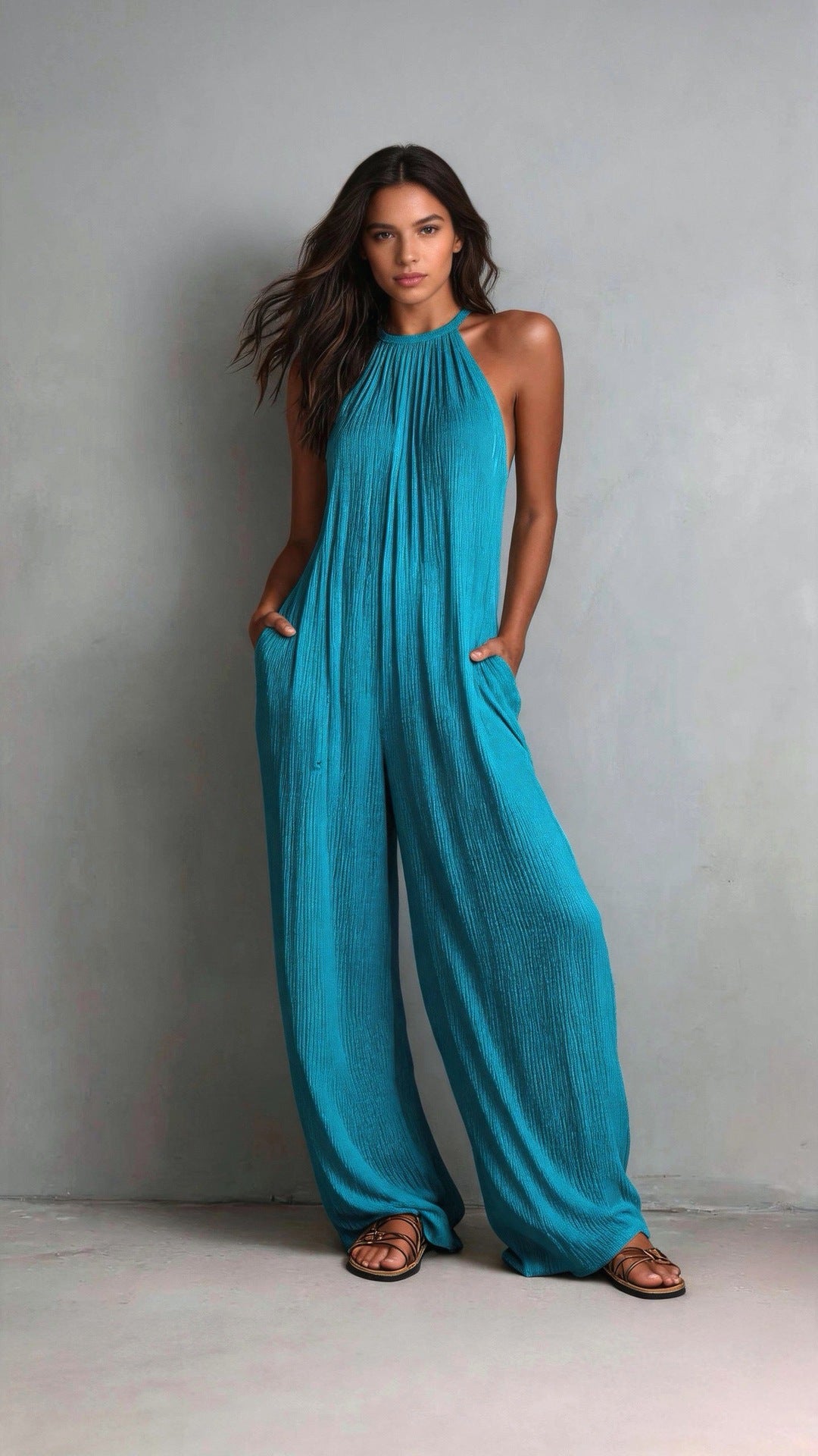 Cross-Border Foreign Trade Women's Clothing European And American Style Halter Neck Sleeveless Vacation Style White Pleated Backless Wide-Leg Jumpsuit