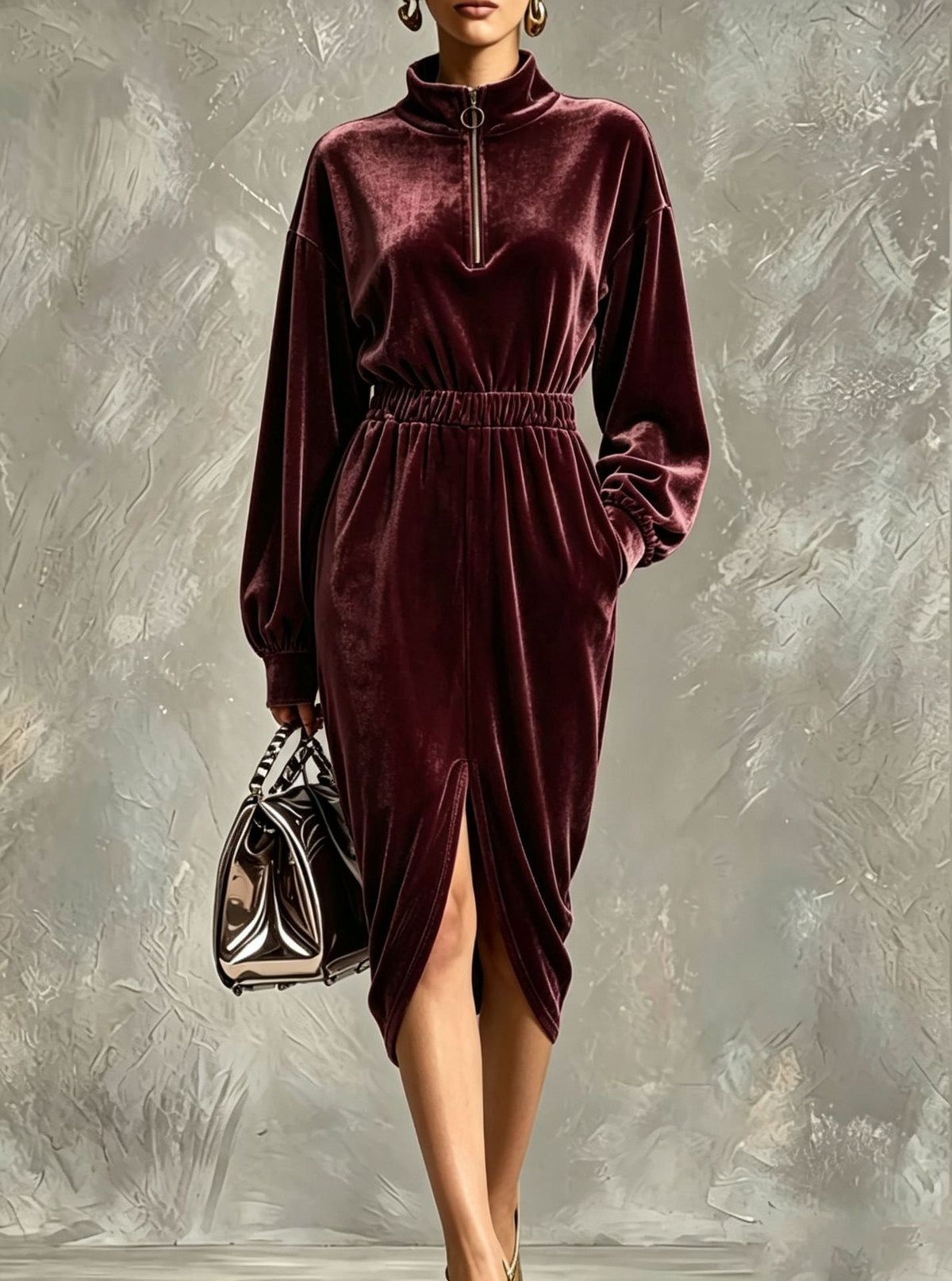 Women's Fashion Velvet Zip-front Waist-cinching Long-sleeve Dress