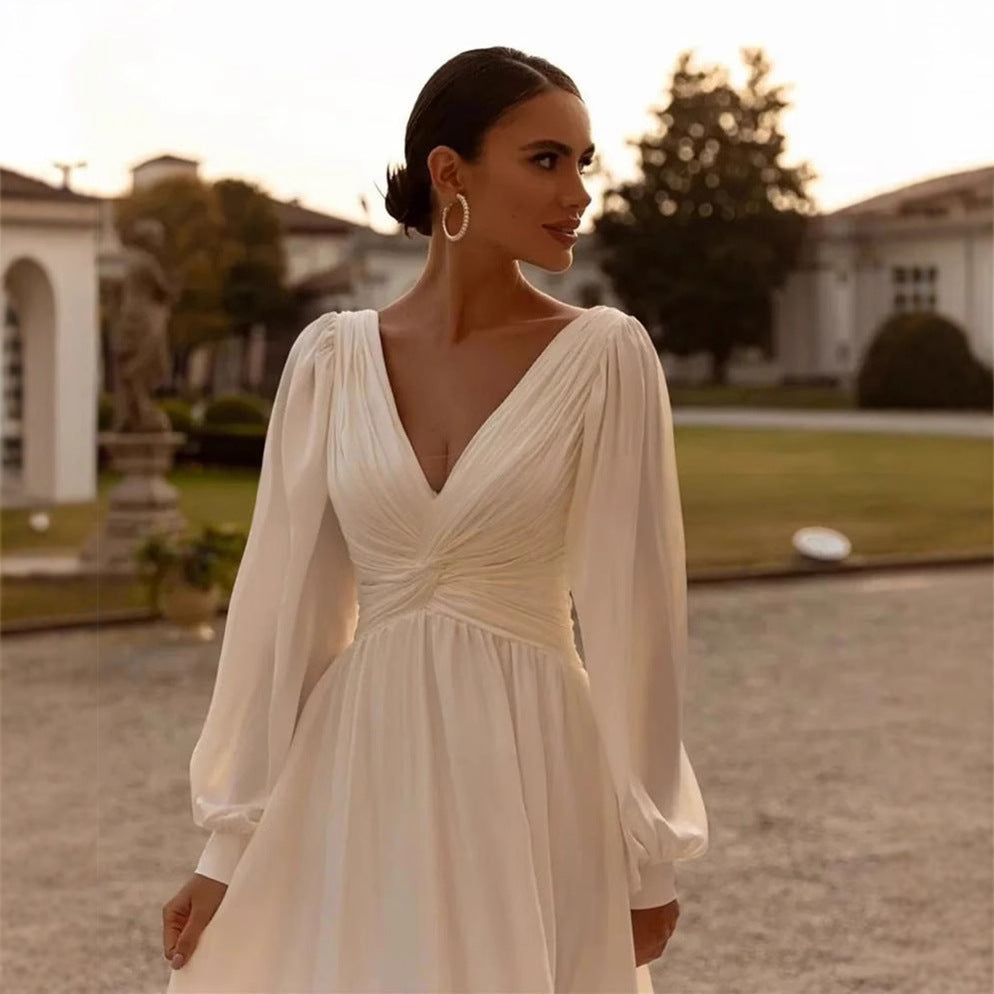Bridal Chiffon Deep V Satin Long Sleeve Light Yarn Gown