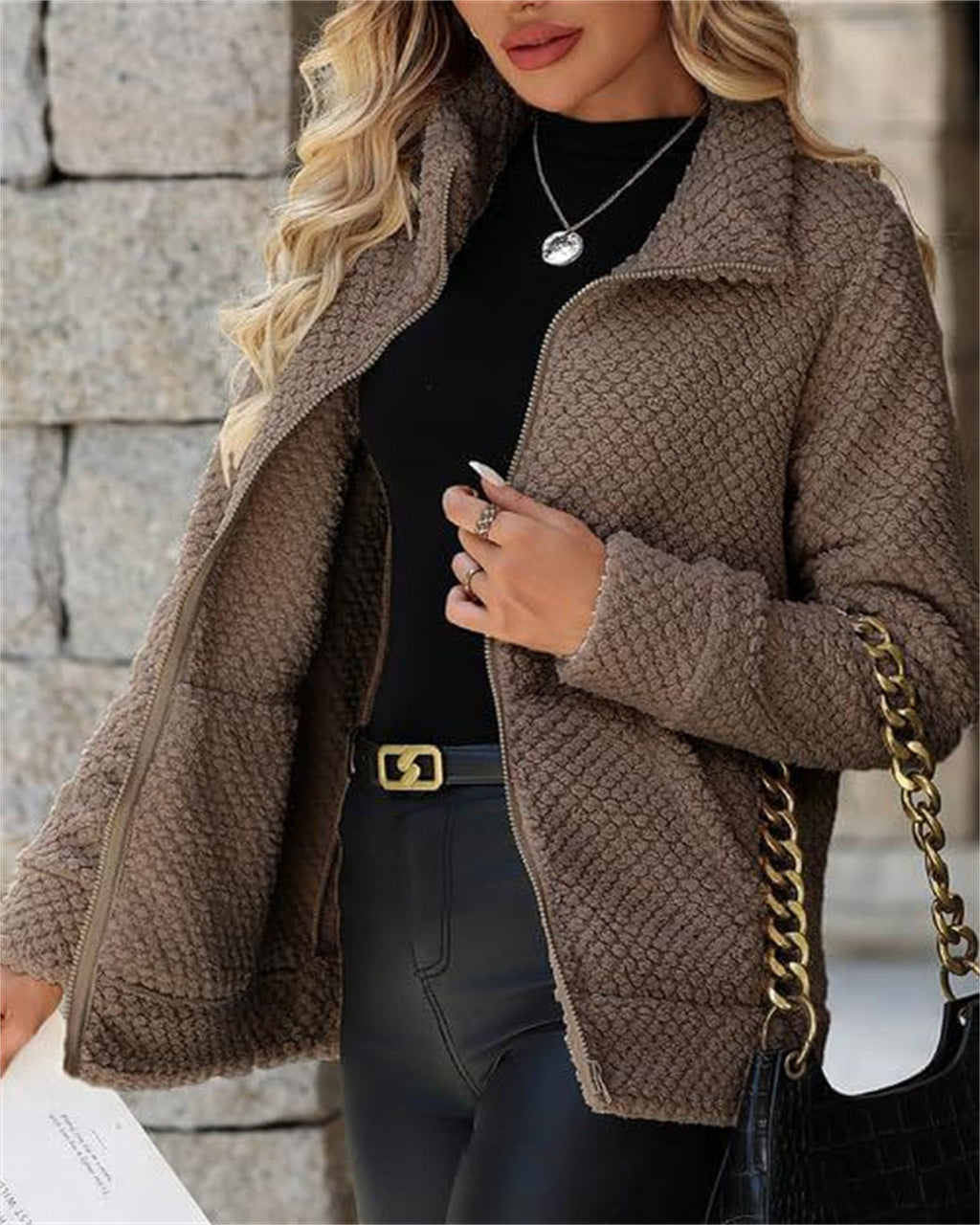 Women's Padded Fleece-Lined Zip-Up Jacket With Pocket And Lapel