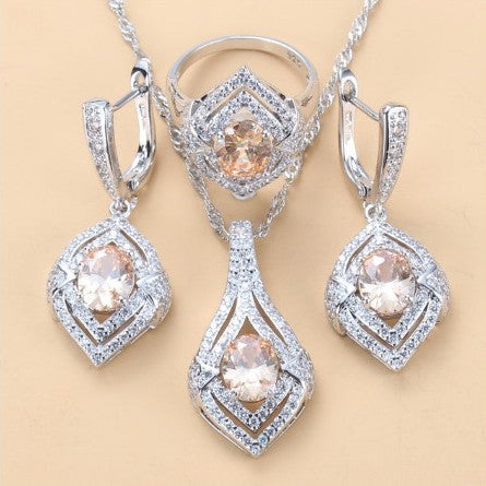 Gem-inlaid Pendant Earrings Necklace Ring Ladies Three-piece Set