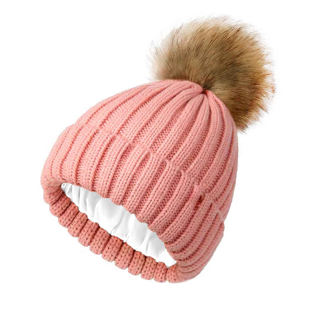 Womens Solid-Color Brimmed Hat With Satin Pom-Pom