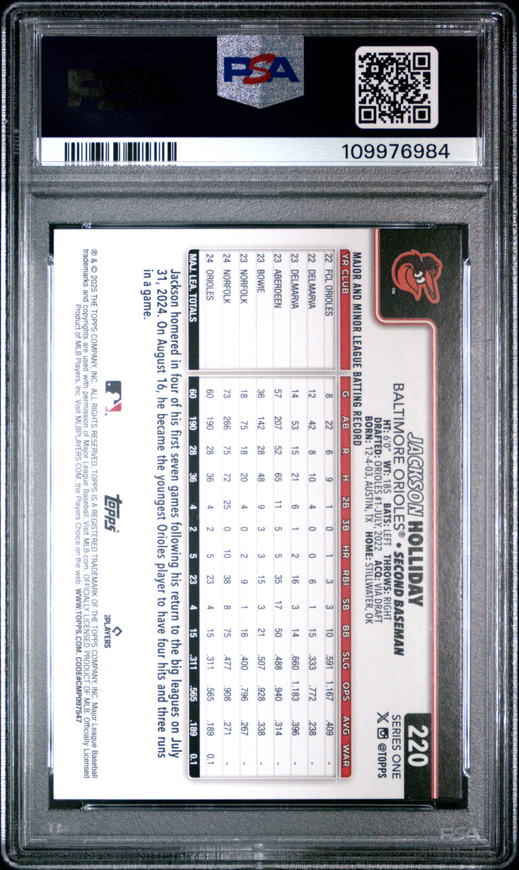 Graded 2025 Topps Jackson Holliday #220 Future Stars Baseball Card PSA 9 Mint